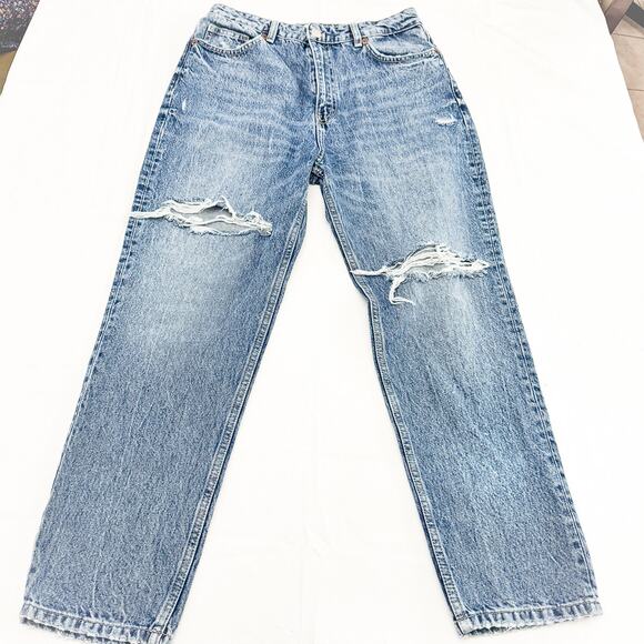Zara Acid Wash Mom Jeans Ripped Knees Straight Leg Denim Size 10 - Picture 2 of 8